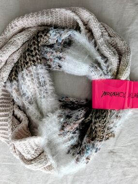 Betsey Johnson Cream and Brown Mixed-Knit Infinity Scarf with Pink Tag
